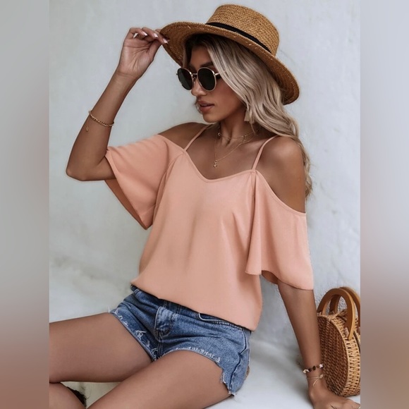 Shein Pink Solid Cold Shoulder Blouse - Picture 1 of 11